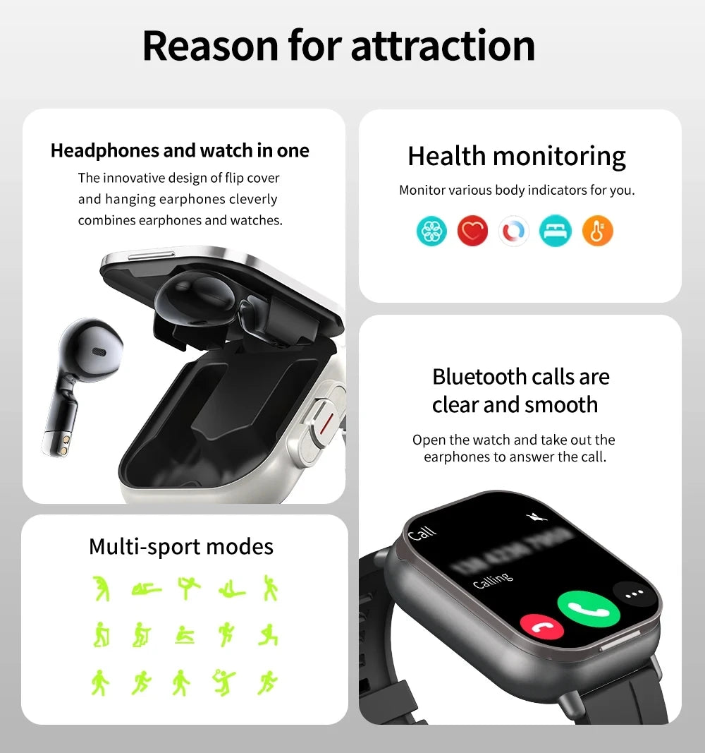 2-In-1 Smart Watch & Bluetooth Head Phones | Convenient Bluetooth Head Phone Carry Case Inside Smart Watch